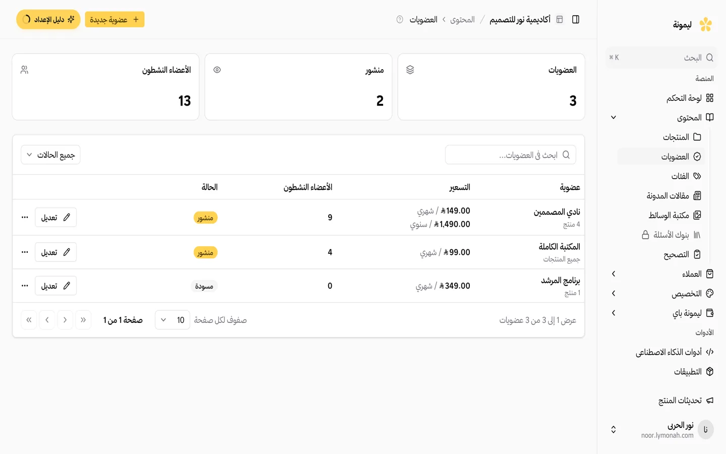 شاشة العضويات في لوحة تحكمك: ثلاث عضويات بأسعارها وعدد أعضائها النشطين وحالاتها